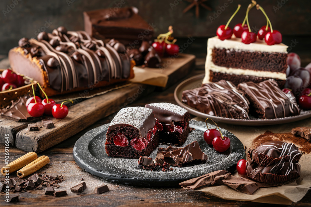The iconic desserts of the Black Forest region, slices of Black Forest cake and cherry strudel