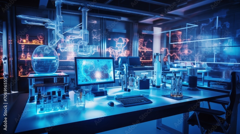 A modern medical research laboratory with high-tech equipment: computer, microscope, glassware with biochemical preparations on table. Science, biotechnology, pharmaceuticals, microbiology concepts. A modern medical research laboratory with high-tech equipment: computer, microscope, glassware with biochemical preparations on table. Science, biotechnology, pharmaceuticals, microbiology concepts.
