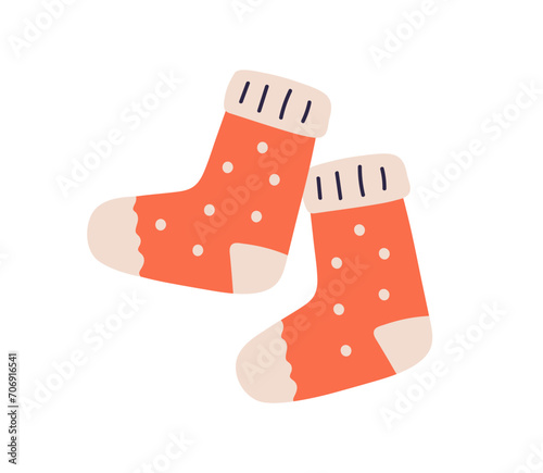 Warm winter socks pair. Cozy soft wool feet wearing. Knitted woolen accessory, legs garment for cold season. Cute Christmas foot clothes. Flat vector illustration isolated on white background