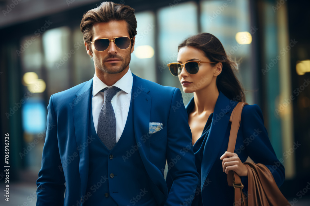 Business partners in an urban setting on their way to office . Businessman and businesswoman outside Business partners in an urban setting on their way to office . Businessman and businesswoman outside