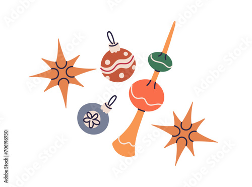 Vintage Christmas baubles set. Xmas ornaments, decoration designs in old retr...