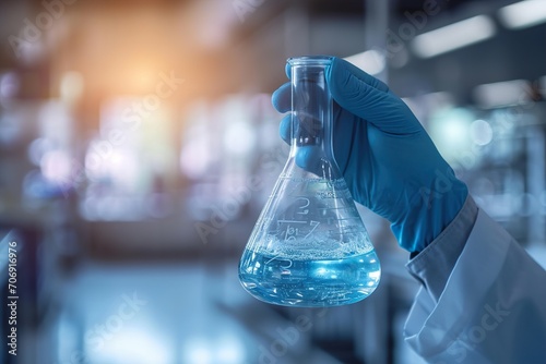 Close up hand of scientist holding flask with lab glassware in chemical laboratory background, science laboratory research and development concept photo
