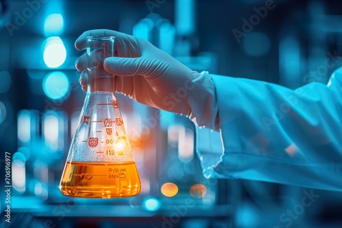Close up hand of scientist holding flask with lab glassware in chemical laboratory background, science laboratory research and development concept