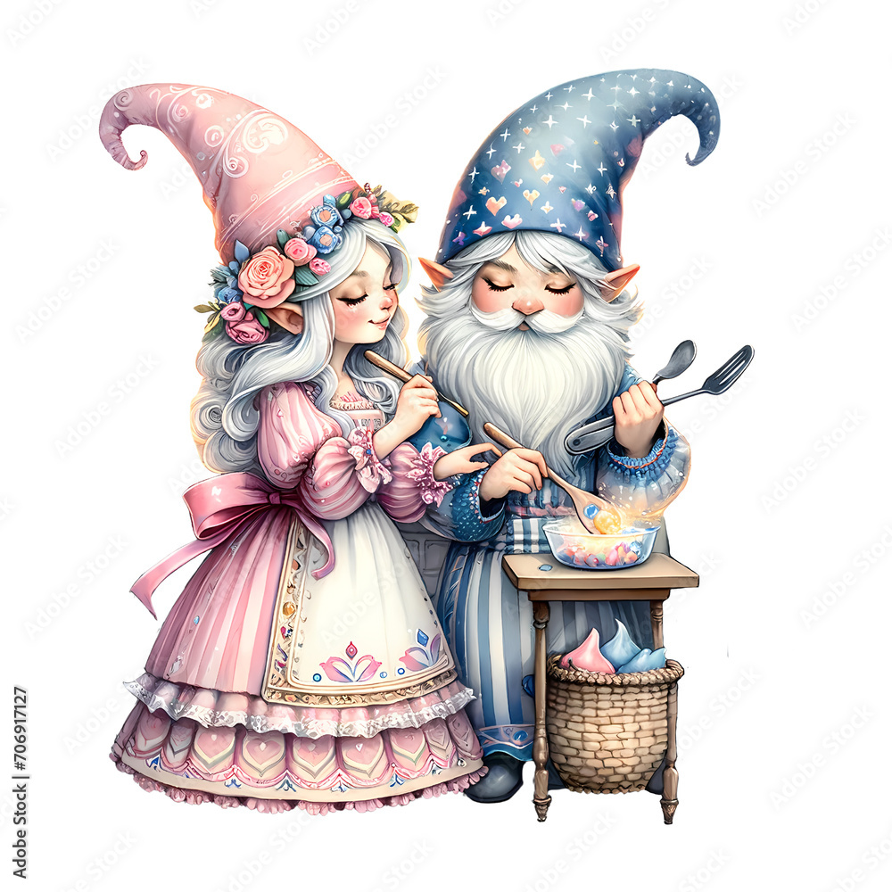 Valentine Pastel Gnome Couple Cooking, Valentine Watercolor Illustrations, Ai illustration. Transparent background, png