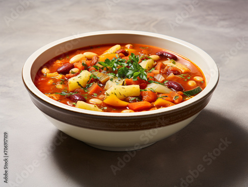 a bowl of soup with vegetables and herbs