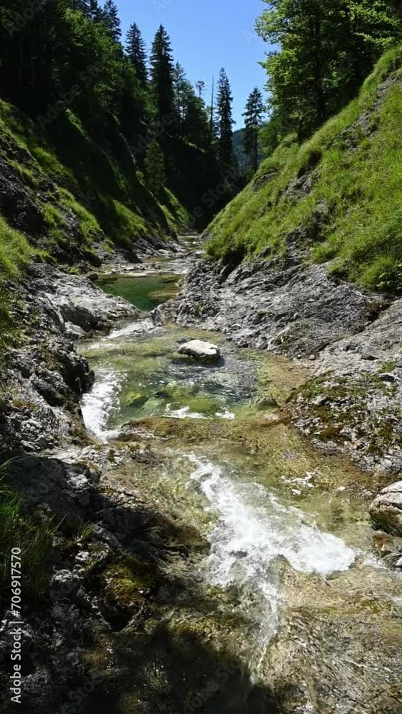 Vertical shot of a mountain stream with ponds in summer in the afternoon, slow motion Vertical shot of a mountain stream with ponds in summer in the afternoon, slow motion