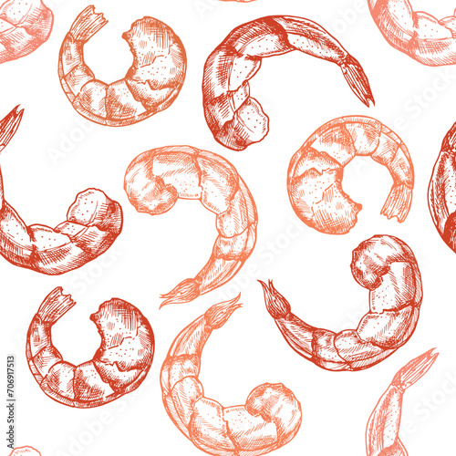 Hand drawn seafood seamless pattern. Shrimp background Vintage sketch style prawn. Vector illustration engraving