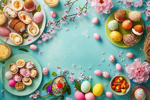 Easter party concept. Top view Sweet easter party background Spring holiday concept