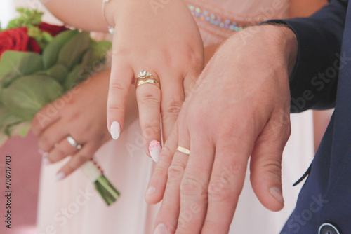 The groom carefully puts the wedding ring on the bride's finger. the wedding ceremony, ring wedding
