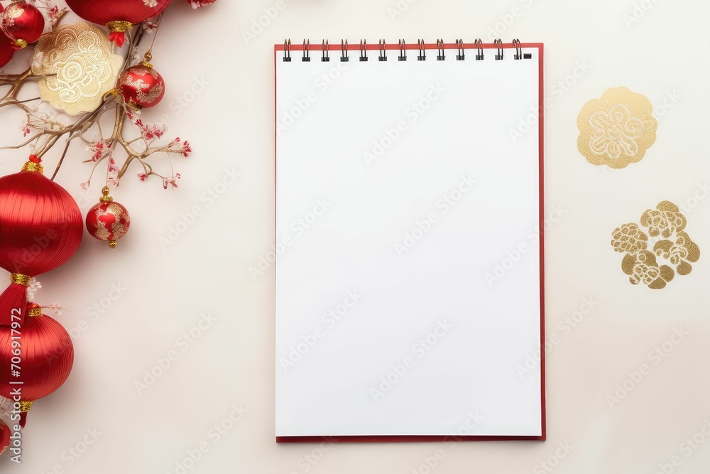 top view blank diary page , red and white color , chinese decoration beside, chinese new year top view blank diary page , red and white color , chinese decoration beside, chinese new year