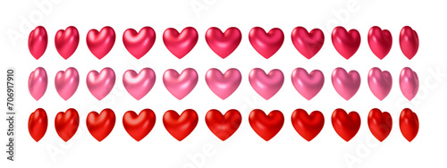 Set of 3d hearts rotation. Realistic vector illustration of shiny gloss red and pink hearts isolated on white background. Symbol of love, romantic, Valentines day and Wedding. Object spin animation