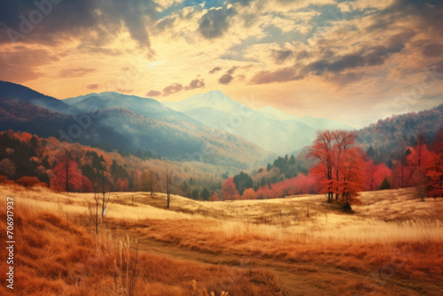 Autumn's canvas glows: fields ablaze in light orange and gold, framed by majestic mountains