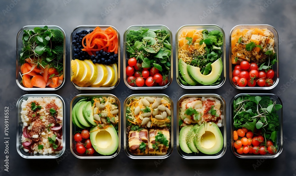 Healthy eating concept. Fresh fruits, vegetables and nuts in lunch boxes on dark background - obrazy, fototapety, plakaty 