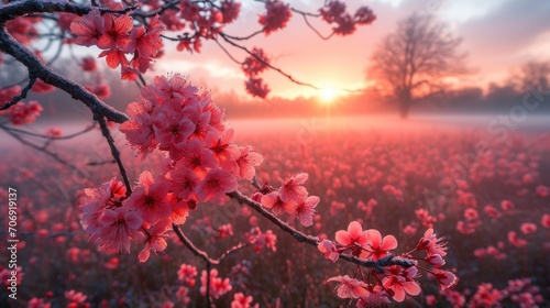red cherry blossoms flowers in the afternoon in the field at sunset,