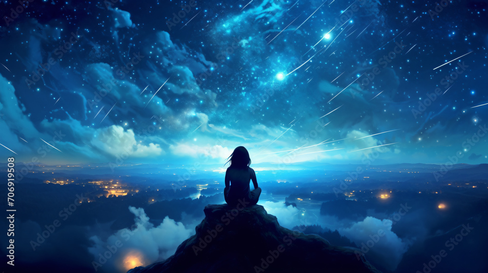 The girl is sitting and watching the starry sky