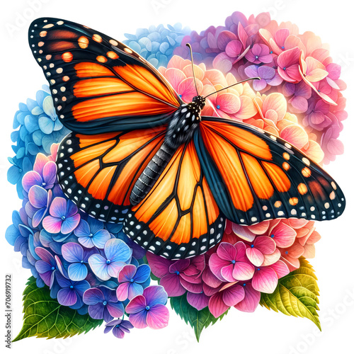 Monarch Butterfly with Hydrangeas Clipart Transparent Background, Butterfly with Flowers Clipart. 
