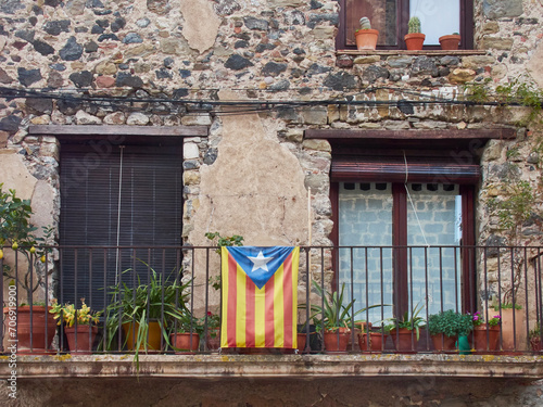 Catalan pro-independence flag tied on a balcony. Girona, Spain photo