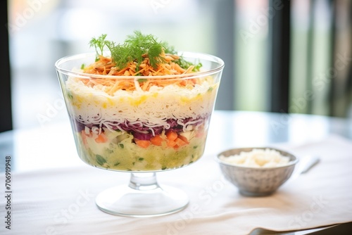 layered sauerkraut salad in clear glass trifle bowl
