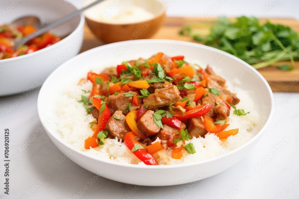 sausage and peppers topping a bed of fluffy rice