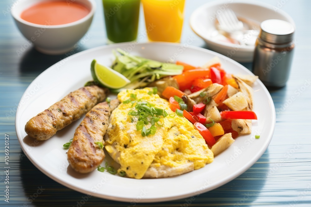 breakfast plate with sausage links and pepper omelette breakfast plate with sausage links and pepper omelette