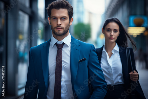 Business partners in an urban setting on their way to office . Businessman and businesswoman outside