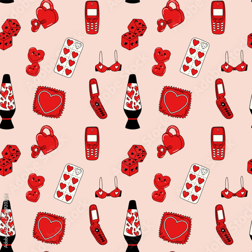 Seamless pattern with Vintage stickers. Concept Valentine's day. 