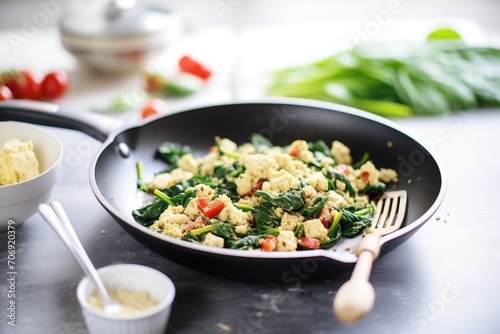 scrambled tofu in a frying pan with spinach and tomatoes