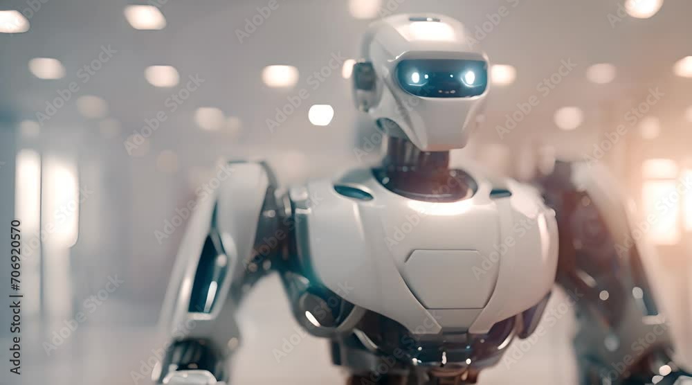 Cartoon 3D realism robot against a blurred white background and a blue glow AI Cartoon 3D realism robot against a blurred white background and a blue glow AI