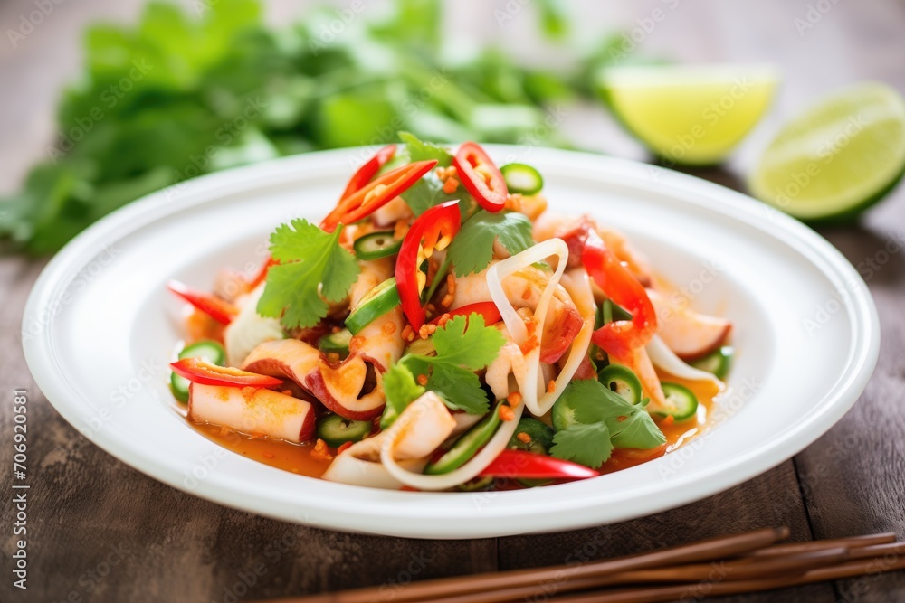 spicy squid salad, red chili slices, lime wedge, coriander