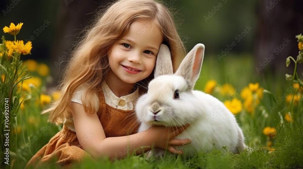 Portrait of a beautiful cute girl with a big cute bunny in nature. Spring, summer, Easter, holiday concepts. Portrait of a beautiful cute girl with a big cute bunny in nature. Spring, summer, Easter, holiday concepts.