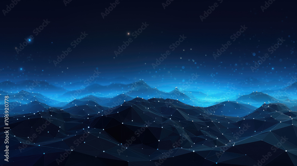 Blue abstract background with lights floating in the darkness, in the style of pointillist dots and dashes, digital gradient blends, black background, cybernetic sci-fi, futuristic chromatic waves