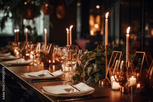 Elegant table setting with beautiful flowers and candles in restaurant