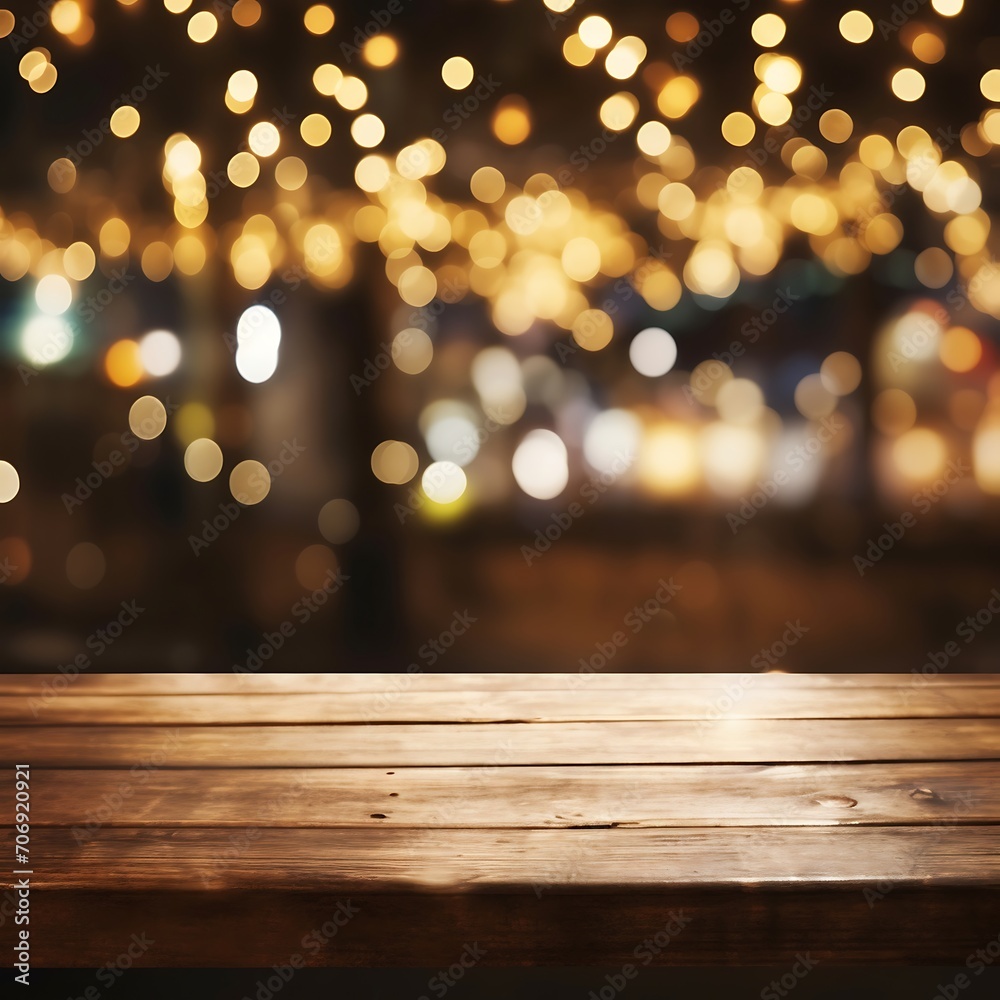 Empty wooden table and bokeh lights background. For product display