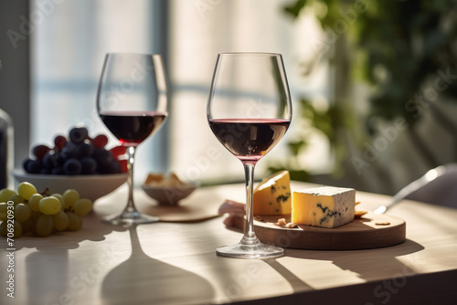 Delicious cheese served with red wine on table