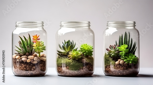 Succulent plants in jars lined up side by side