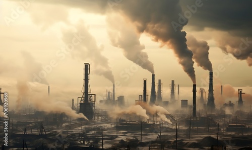 Power plant polluting environment with smoke and smog. Global warming concept