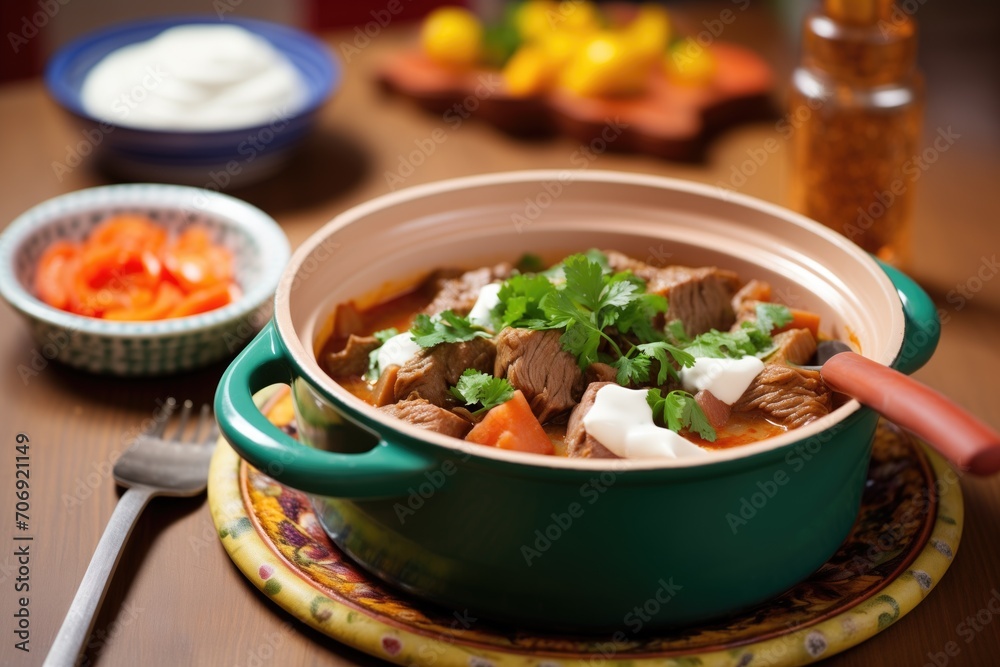 goulash with beef and paprika, in a clay dish, spoonful of sour cream, parsley goulash with beef and paprika, in a clay dish, spoonful of sour cream, parsley