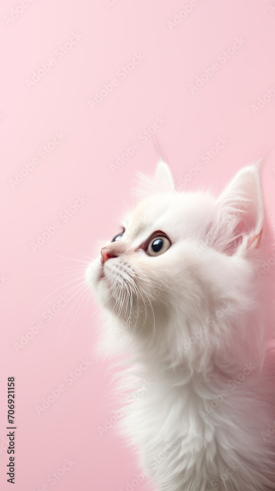 Beautiful white cat on a pink background
