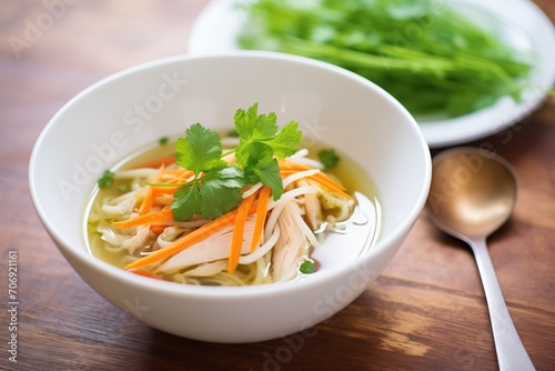 chicken soup with noodles and sliced carrots in a white bowl, parsley garnish