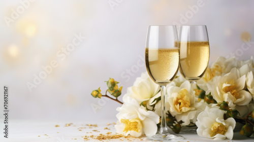 Two wine glasses and bouquet of flowers on the table