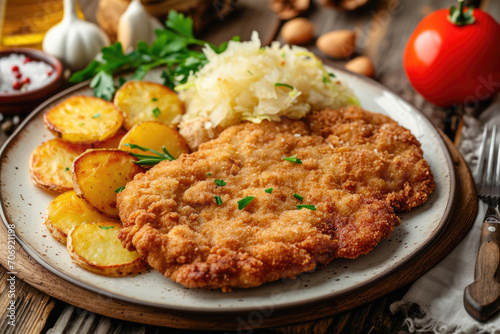 A schnitzel with a side of tangy sauerkraut and crispy potatoes