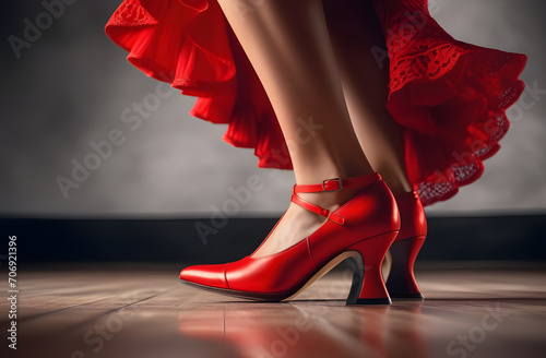 legs of a woman in red shoes