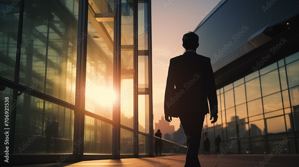 Silhouette of business man walking in office building with sun rays on background Silhouette of business man walking in office building with sun rays on background