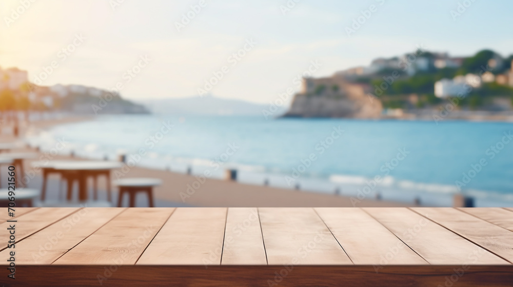 Obraz premium Empty Wooden table with sea view background. Copy space for montage