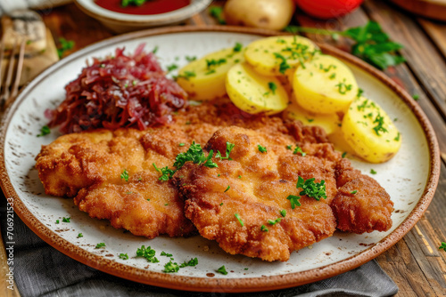 A schnitzel with a side of tangy sauerkraut and crispy potatoes