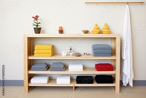 rows of folded towels and robes on a minimalist shelf unit