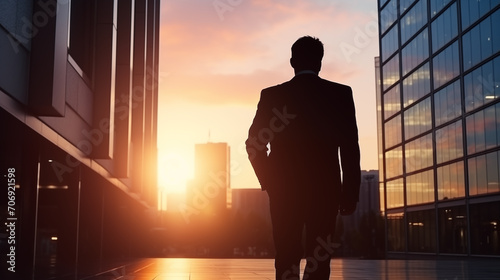 Silhouette of business man walking in office building  with sun rays on background photo