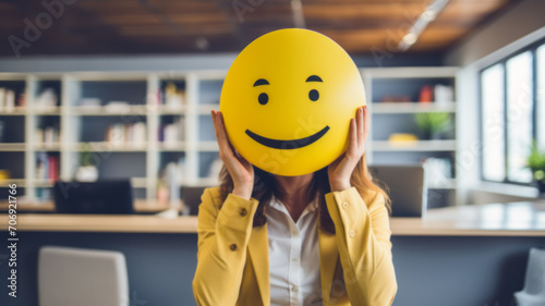 Businesswoman With yellow smiling emoji or smiley instead her head. photo