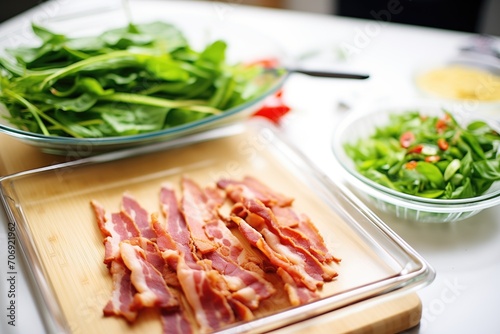 fresh spinach leaves and bacon laid out before mixing for a salad