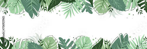 Abstract background banner made of botanical tropical palm leaves branches in the jungle in green color. Flat style. Vector illustration.